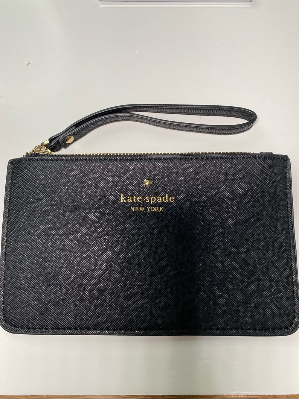 Kate Spade Saffiano Leather Wristlet Makeup Pouch Black Gold Clutch